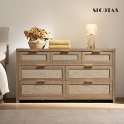 SICOTAS 7 Drawer Dresser for Bedroom, 57" Wide Rattan Dressers dark oak $190
