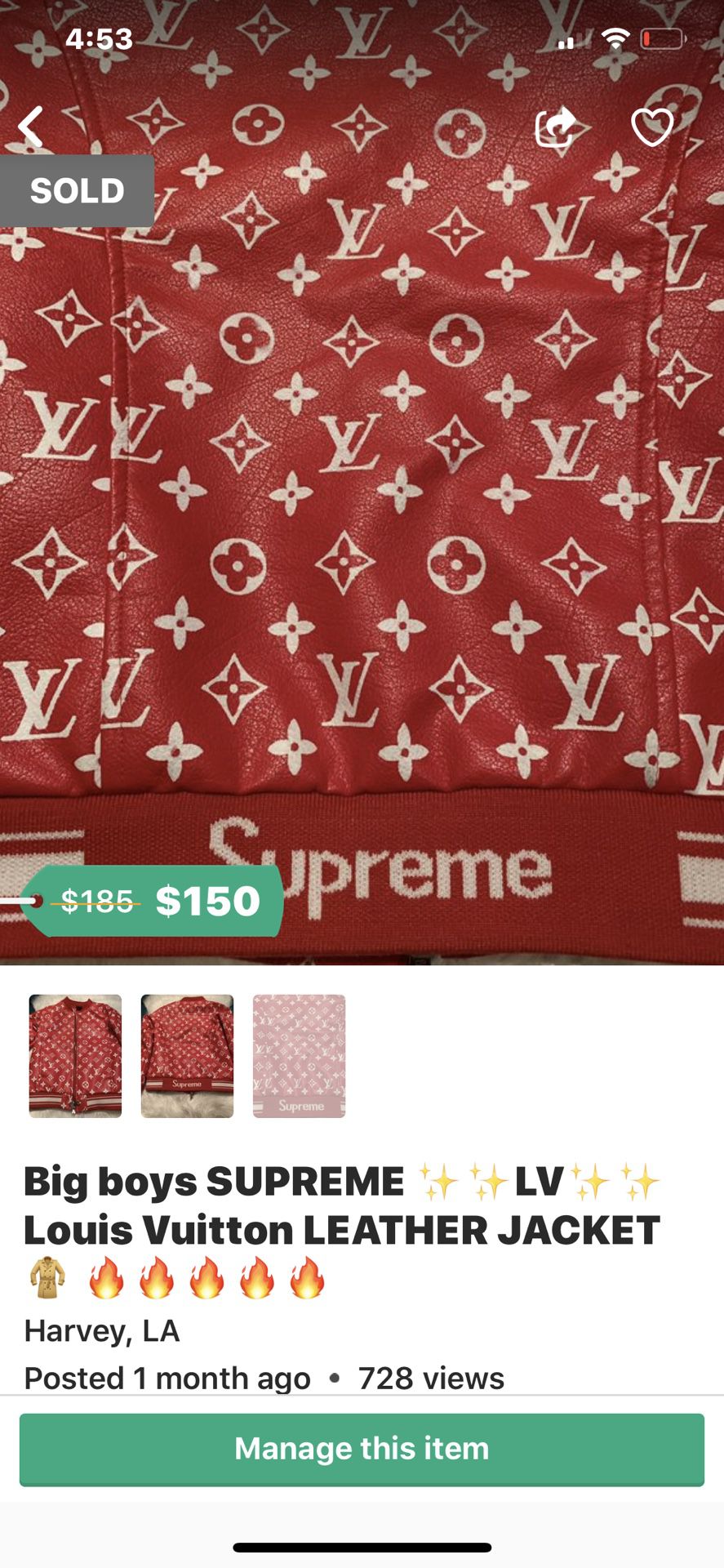 Big boys SUPREME LV Louis Vuitton LEATHER JACKET for Sale in
