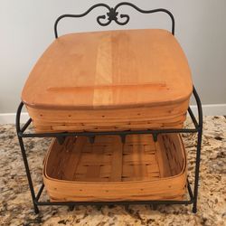 Longaberger Basket -  Metal Wright Iron 2 Tiered Paper Tray, with 2 Baskets and Wood Lid