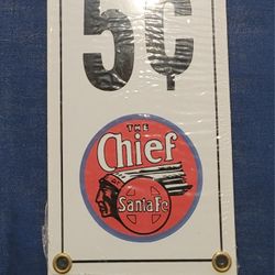 Ande Rooney porcelain Santa Fe "The Chief" railroad pay toilet sign. 