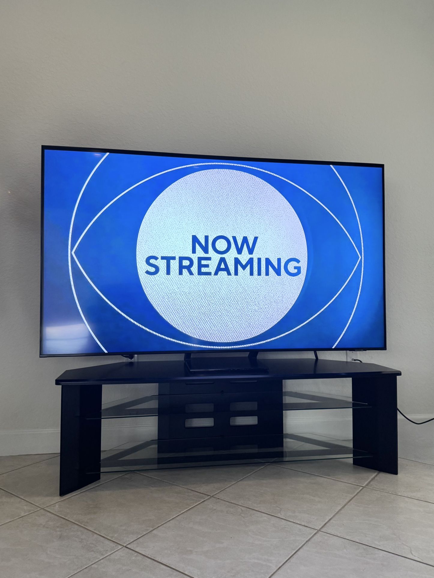 TV Stand/ Console with 2 Glass Shelves- Black (75” TV Not Included)