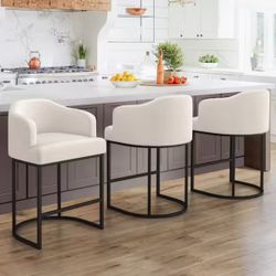 Crystal Linen 26 in.Counter Height Fabric Upholstered Bar Stool Kitchen Island Stool With Black Metal Frame Set of 3