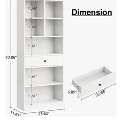 😀 70"H 6-Tier Bookshelf with Drawers, Tall Bookcase with Open Shelves, Bookshelf and Bookcase with Storage Cabinet for Home Office,Living Room, White