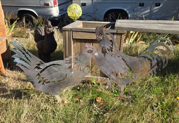 Rooster and Hen Metal Cut Out Garden Decor