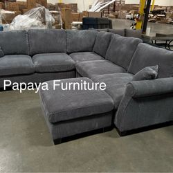 Dark Grey Sectional Sofa And Ottoman, Sectionals, Sofa, Couch, Grey Couch, Grey Sofa, L-Shaped Sofa, Plush Sectional Couch,Living Room Sofa