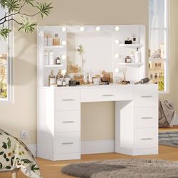 Vanity Desk, 43.3" L Makeup Vanity with 10 LED Lights & 7 Metal Sliding Drawers, Brightness Adjustable, Makeup Desk with Open Shelves, Makeup Table fo