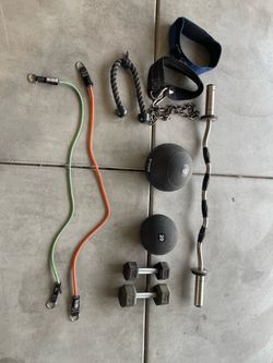 Workout equipment ez curl bar, rope, dumbells, weight belt, exercise ball