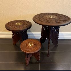 Beautiful Set Of Small Hand Carved Wooden Tables Made In India With Inlay;  Collapsible; Plant Stand, Tea Table; Home Decor; Handmade