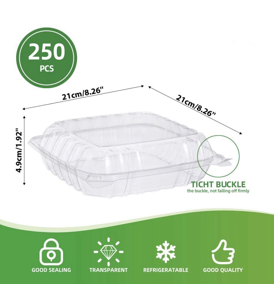 250PCS PER CARTON - 8” CLEAR HINGED CONTANER