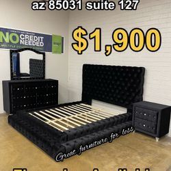 4 PCs Queen Size Bedroom Set Black Velvet Include Bed Frame Dresser Mirror And 1 Nightstand Brand New