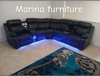 Black Leather Power Reclining Sectional Sofa with LED Lights