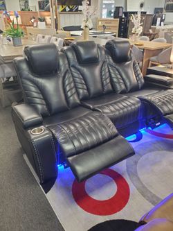 Black Leather Power Recliner Sofa with LED Lighting