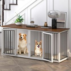 Double Dog Crate Furniture for 2 Dogs, Extra Large Wooden Dog Crate Table with Double Doors, Heavy Sturdy Dog Kennel