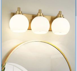 Bathroom Light Fixtures, 3-Light Brushed Gold Vanity Light, Modern Wall Sconces with Milk White Globe Glass Shade, Vanity Lighting Fixtures Over Mirro
