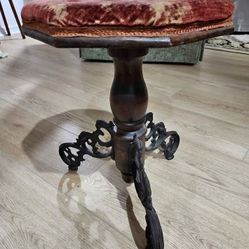 Seavey & Chadwick, Boscawen, NH Classical Style Cast Iron, Stained Mahogany, and  Velvet Upholstered Revolving Stool, H: 19 in