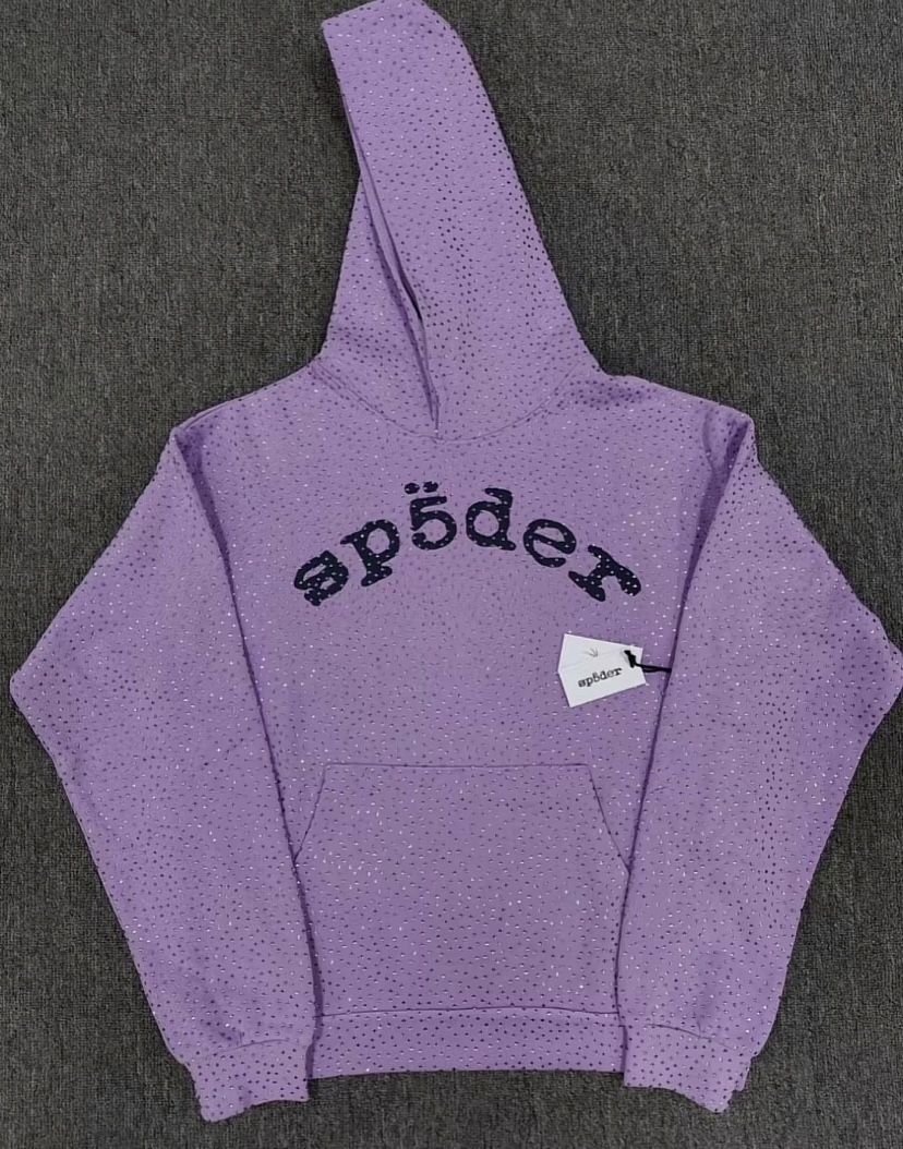 lavender vvs spider hoodie with black lettering 