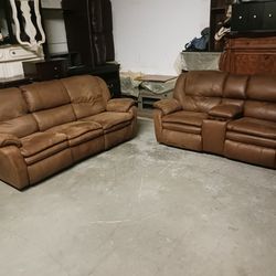 Brown Fabric Reclining Sofa Couch and Loveseat
