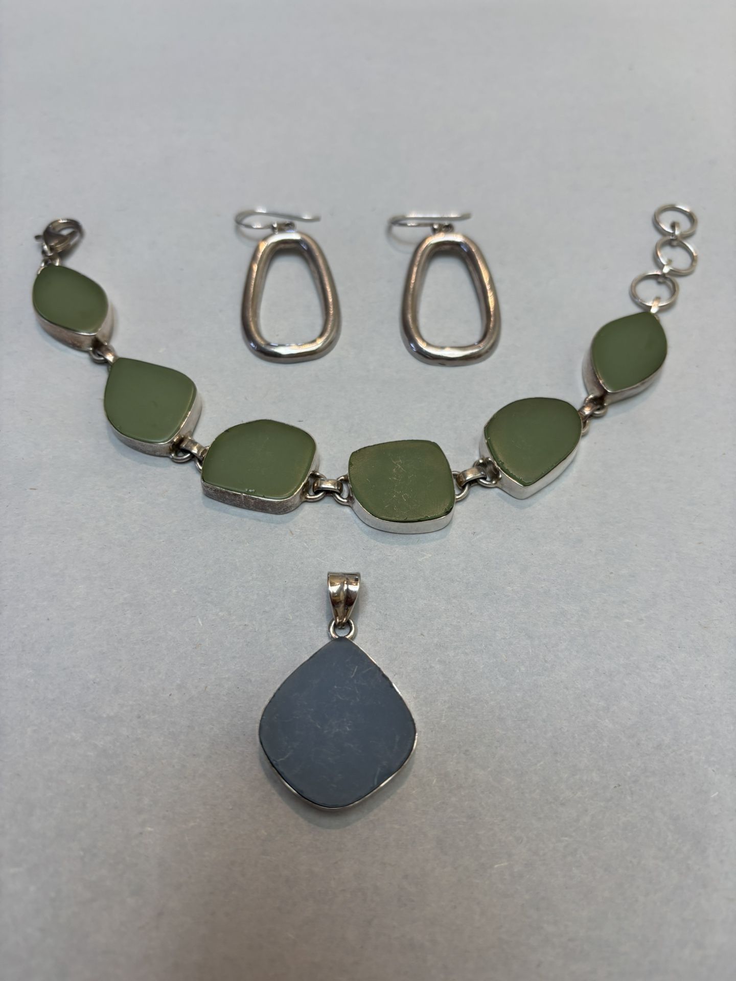 Green Sea Glass Bracelet & Blue Pendant