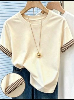 Cream T-Shirt with Striped Sleeve Cuffs