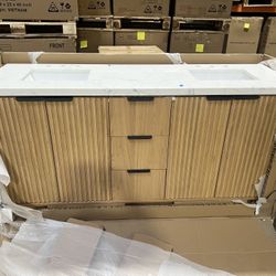*Imperfects* 60" Light Wood Double Bathroom Vanity Cabinet w Marble Countertop & Square Sinks