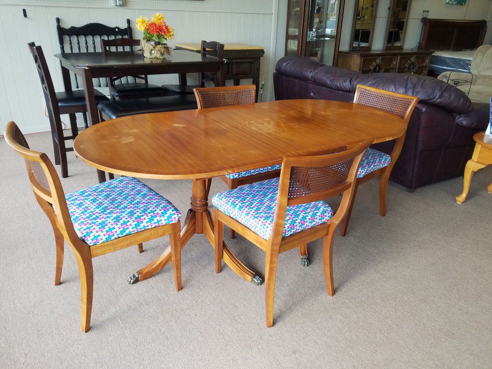 Dining table with leaf and 4 chairs mid century modern solid wood claw foot table