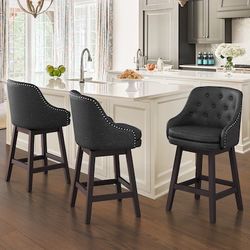 Set Of 3 LUE BONA Black/Faux leather 26.5-in H Counter height Upholstered Swivel Wood Bar Stools