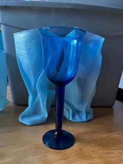 Vintage cobalt blue hand-blown glass wine and water goblet