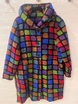 omen's Wool Sweater Coat Abstract Geometric Colorful Sz L - XL Made
