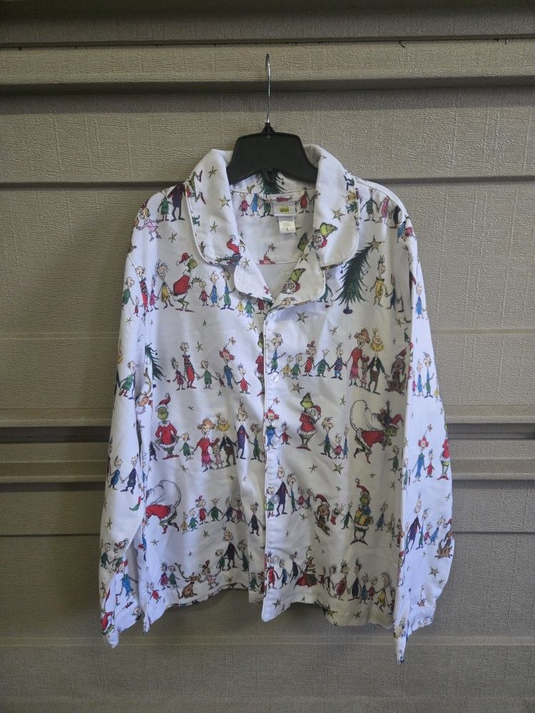 Pottery Barn Adult Pajama Top Large Dr. Seuss's Grinch Flannel