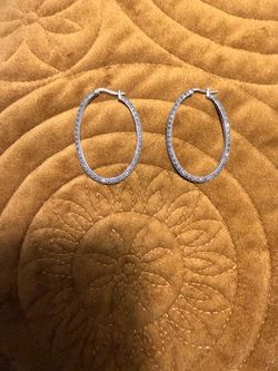 Silver 925 Oval Hoop Earrings with Crystal Pave