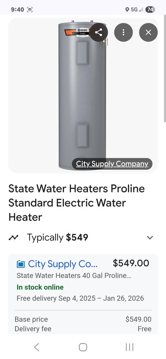 40 Gal Electric Water Heater.