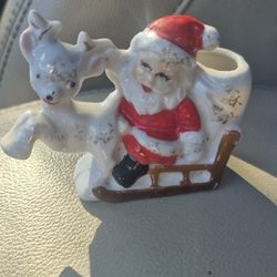 Vintage Mid-Century Japan Santa & Reindeer Sleigh Planter - Original 25¢ Mark
Description: > Charming 1950s/60s ceramic Christmas planter made in Japa