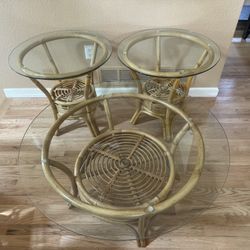 Mid Century Rattan Base and Glass Top Round Coffee Table & Set of 2 Side Tables, Nightstands, Accent Tables