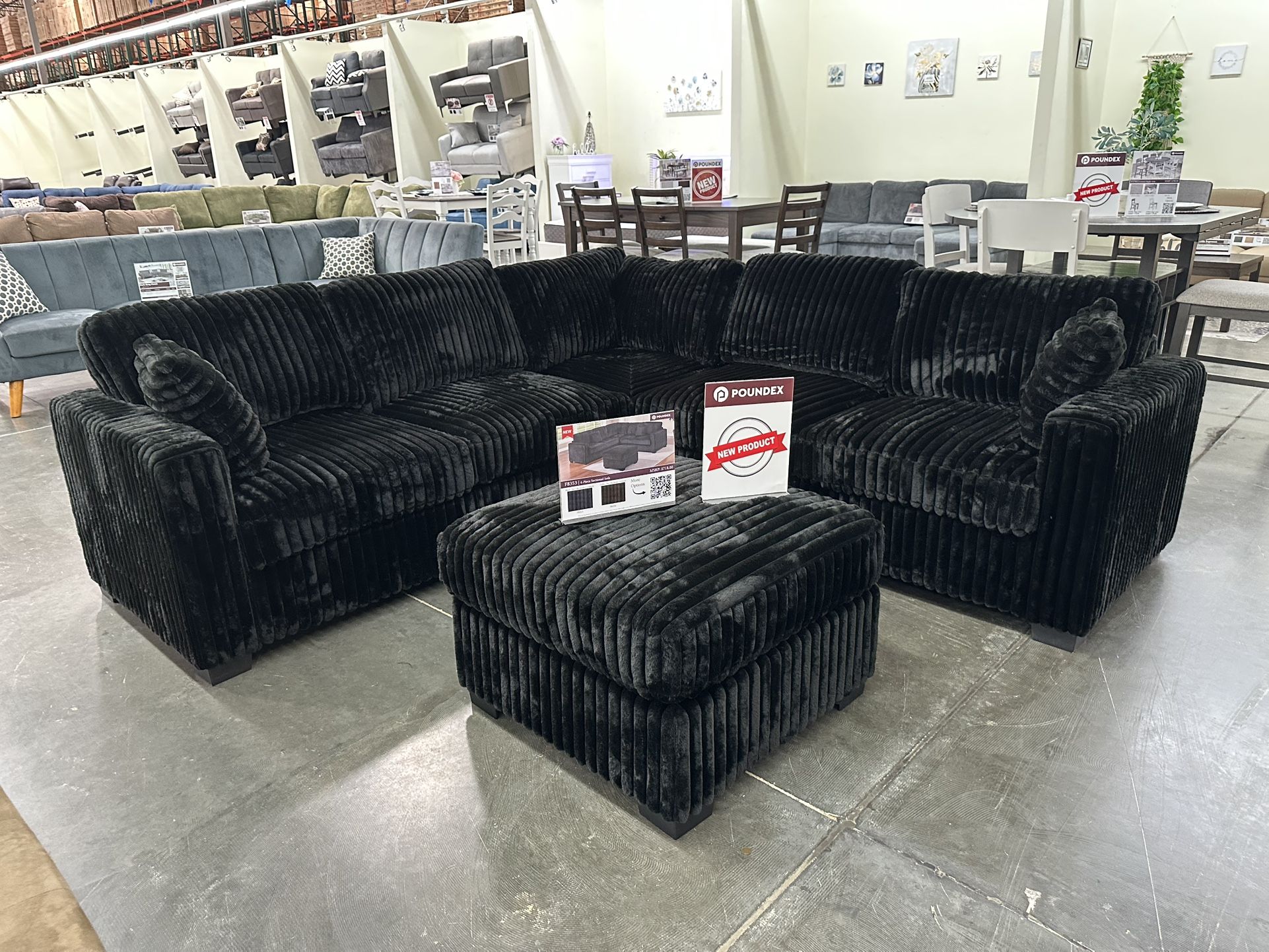 BLACK FUR LIKE CORDUROY SECTIONAL WITH OTTOMAN 