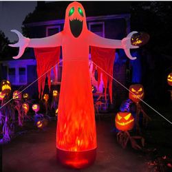 Halloween Inflatable Giant Horror Ghost,Laugh Terror with 2 Green Eyes Flashing,Covered in Flames Lighting Blow Up Yard for Halloween Party (12FT Horr