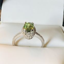  Princess Green Peridot & Diamond Engagement Ring 