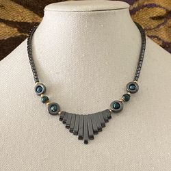 Vintage Hematite Fringe Beaded Stone Torque Choker Necklace