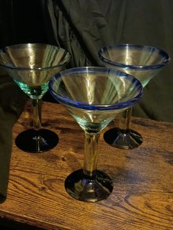 3 Blown Glass Margarita/Martini Glasses With Cobalt Blue Stems