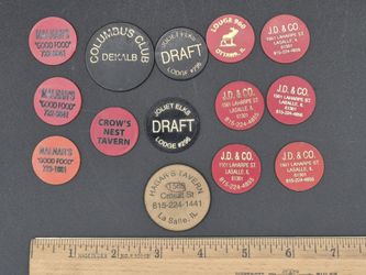 Lot of 13 Plastic & 1 Wooden Tavern Tokens