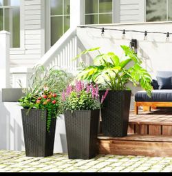 Set of 3 new Tall Planters for Outdoor Plants with Drainage Holes,, Black