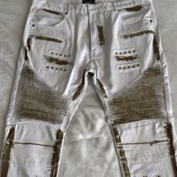 Diamond Sash White Biker Jeans Gold Paint Studs Moto Zippers