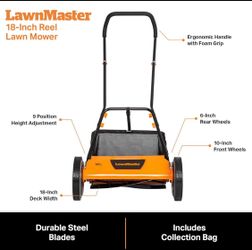 LawnMaster 18" 5-Blade Push Reel Lawn Mower, Orange/Black