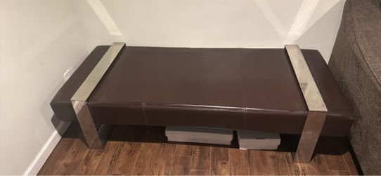 Modern Brown Leather and Chrome Bench LENGTH 72in WIDTH  31in HEIGHT 18in