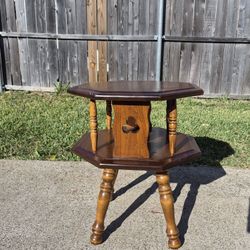 mid-century antiqued pine two-tier octagonal side table
