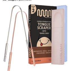 MasterMedi Tongue Scraper for Adults, 2 Copper Tongue Scrubber for Bad Breath, Easy to Use, Tongue Cleaner for Oral Care & Hygien