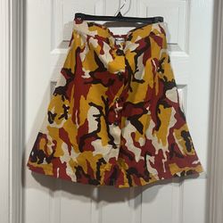 Women’s Red And Yellow Camo Print Skirt, Woodin Brand, UK Size: 42/US Size: 6 
