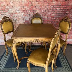Antique Table And Chairs Set Solid Carved Wood Leather