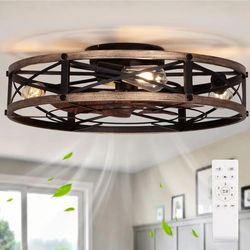 24" Farmhouse Flush Mount Ceiling Fans with Lights,