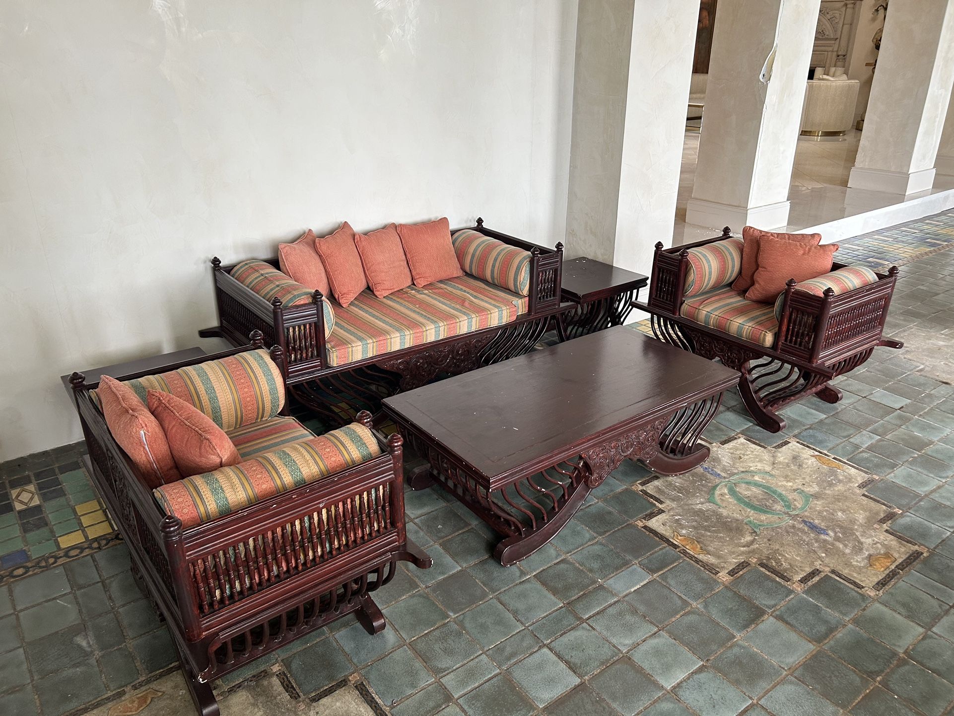 Southeast Asian Carved Teak Living Room Set