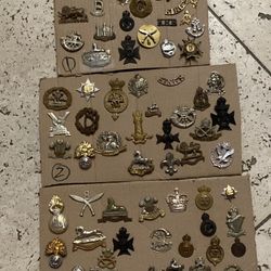 Large vintage antique collection lot British English hat cap military badges insignia WW2 WWII and newer